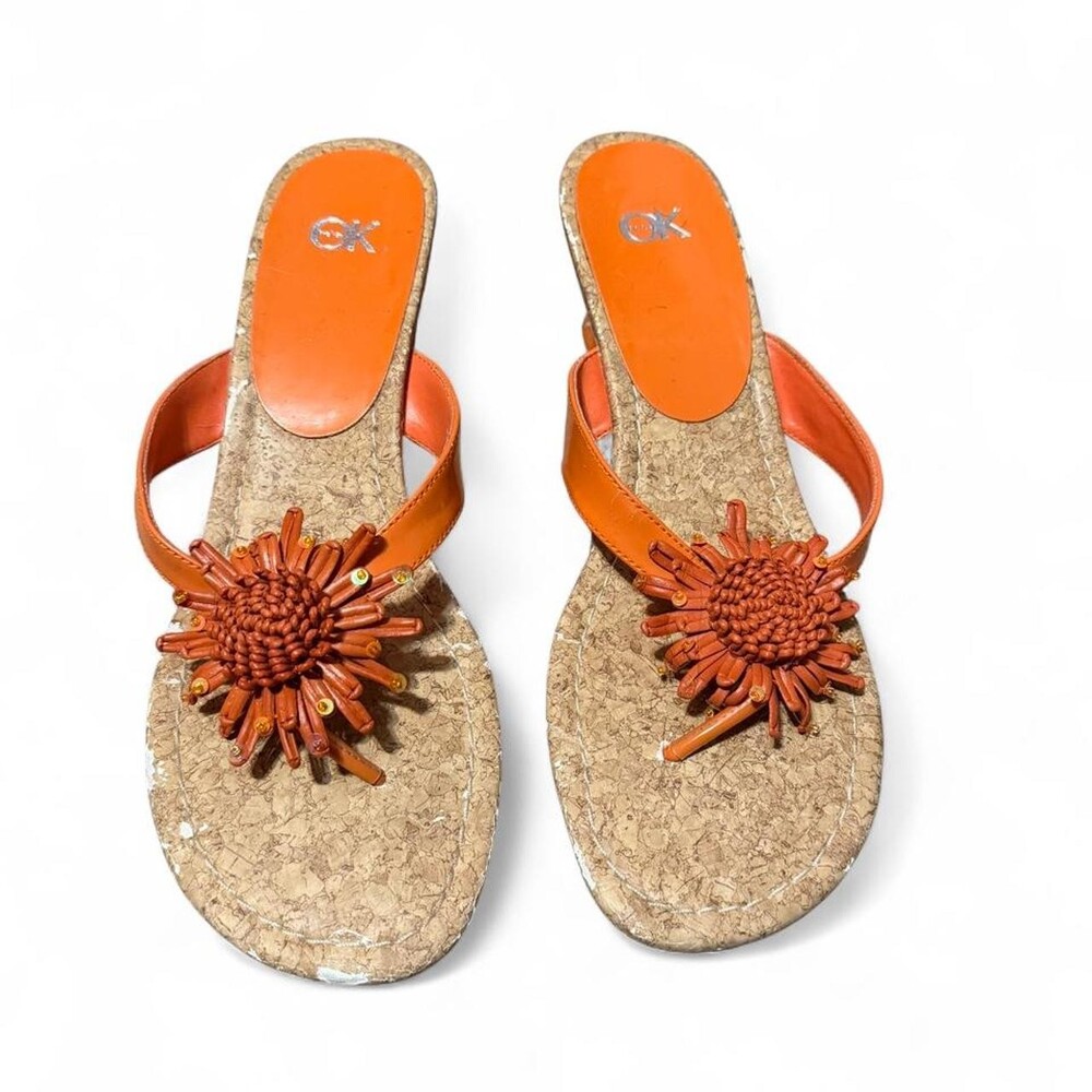 OK orange cork kitten heels with flower detail